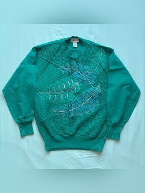 Stephanie Vintage Green Leaf-Embroidered Sweater S